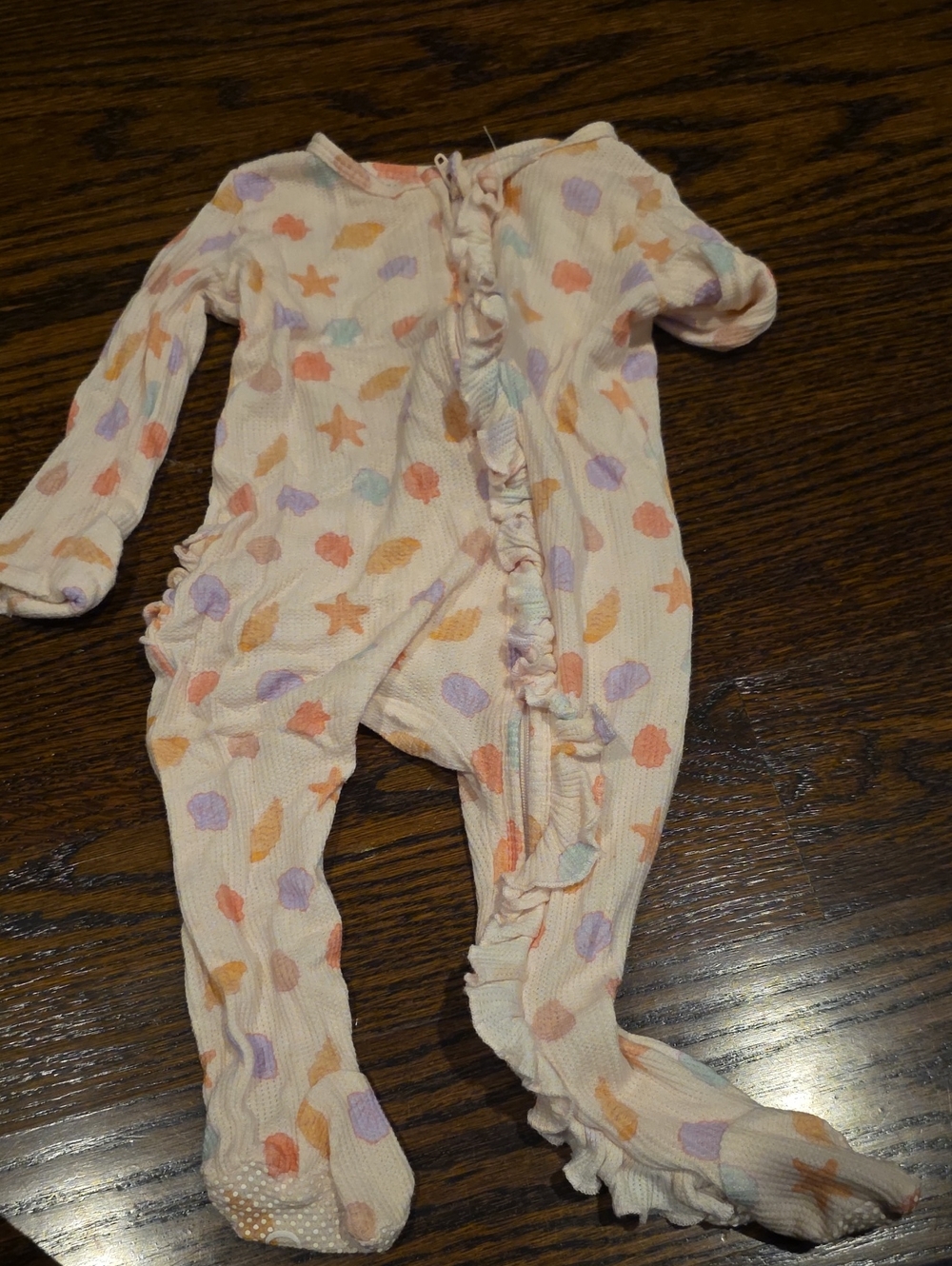 Posh Peanut Cream Ruffle Zip One-Piece Footie with Pastel Shells